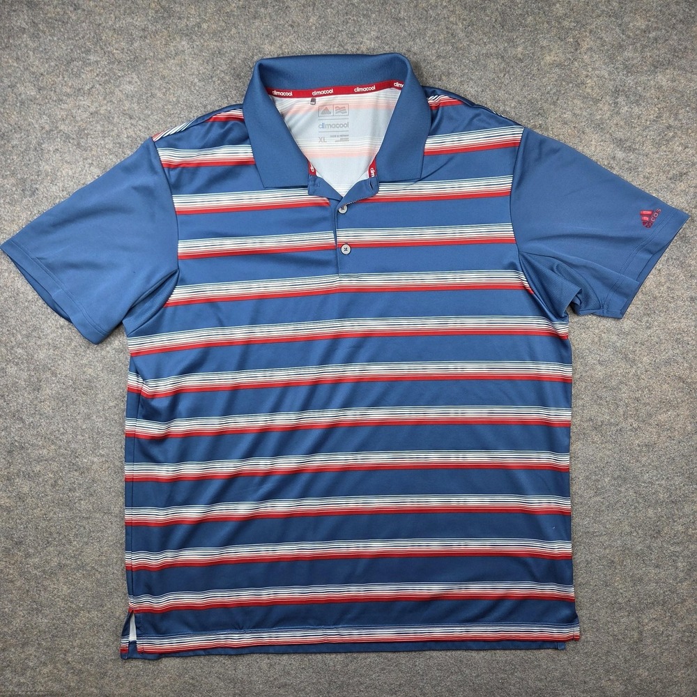 Adidas Polo Shirt Mens XL Blue Stripe Climacool Golf Performance Stretch Top